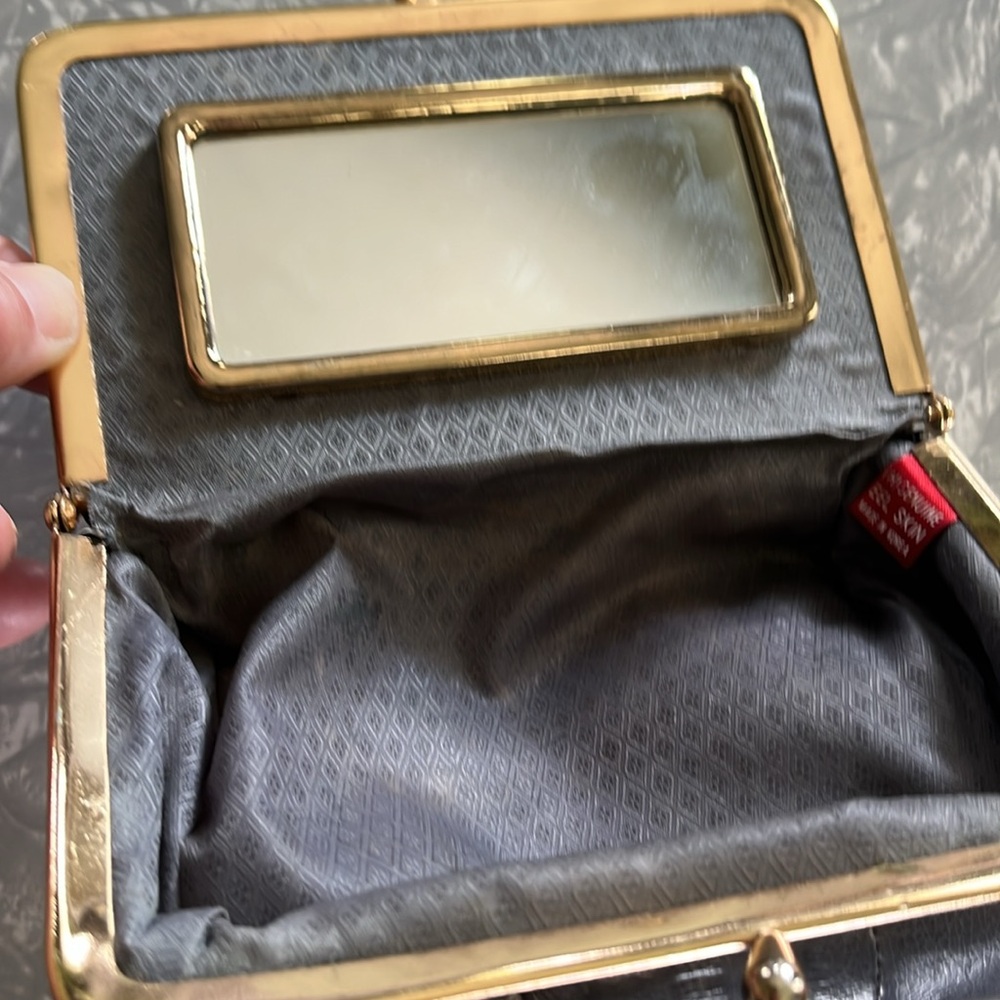 VTG Eel Skin Makeup Case Mirror Kiss Lock Wallet Clutch Gray - Picture 5 of 6